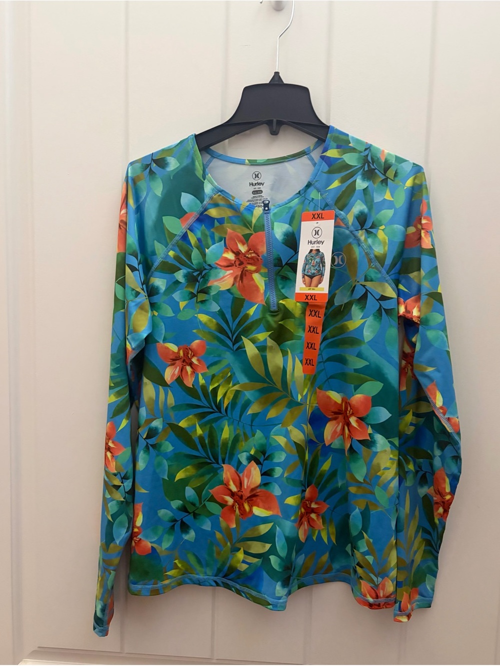 ❤️ Women's UPF50+ Hurley Fullzip Blue & Orange Floral Long Sleeve Water Size XXL